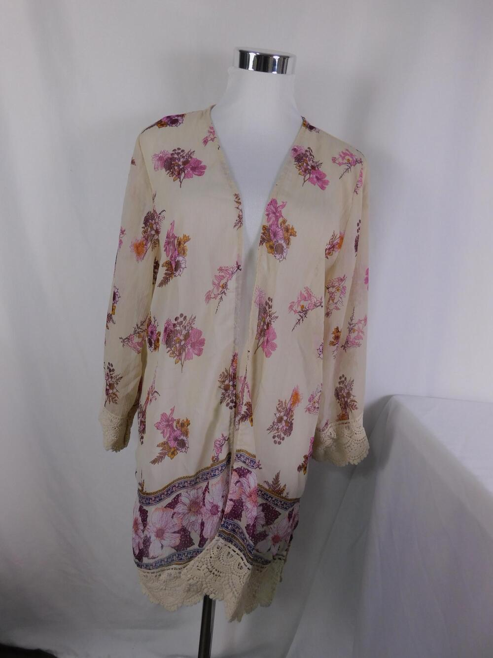 Rewind Kimono Blouse Juniors L White Floral Crochet Lace Sheer Boho Top